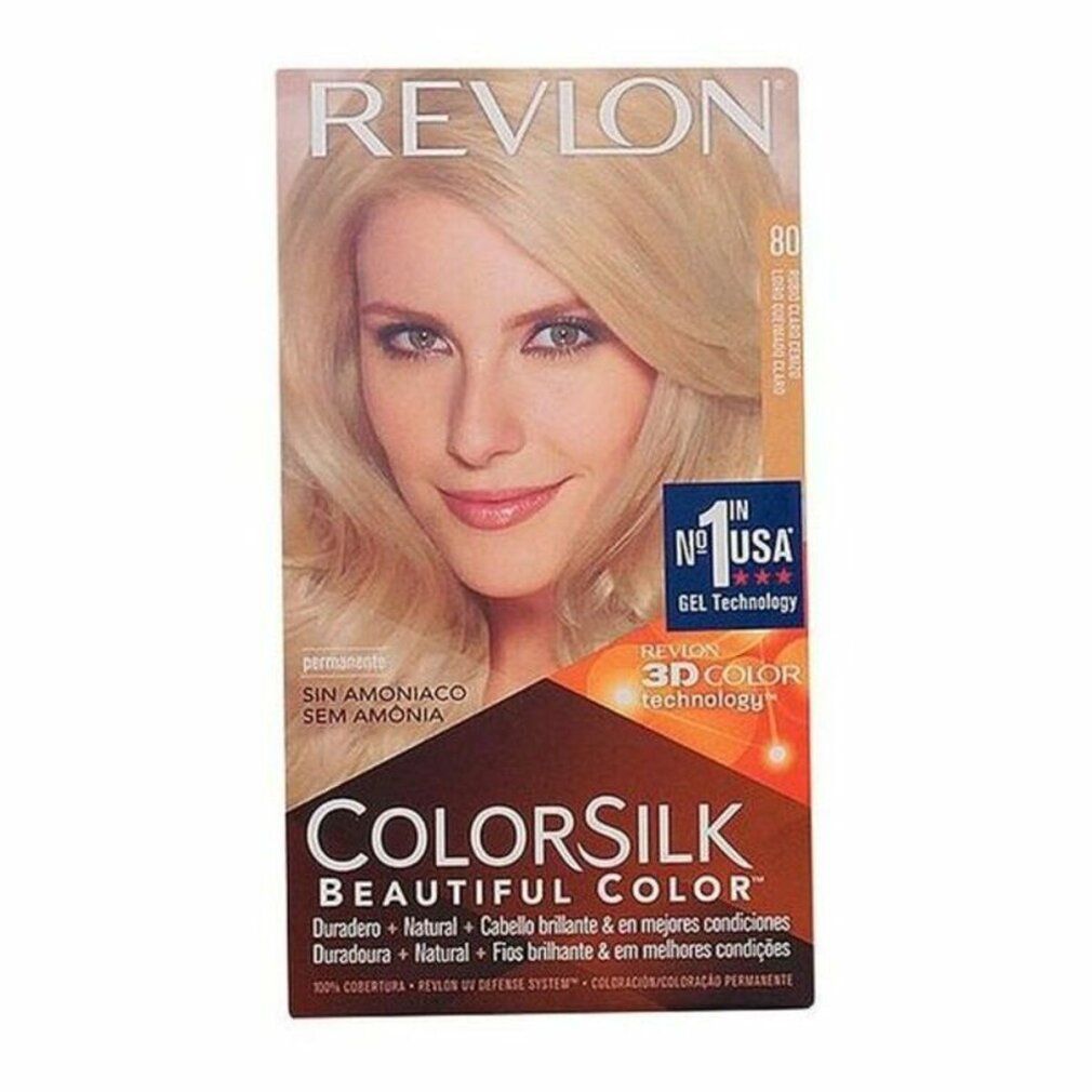 Confezione di tinta per capelli Revlon Colorsilk. Colore Light As Blonde. Immagine di donna bionda sulla confezione.