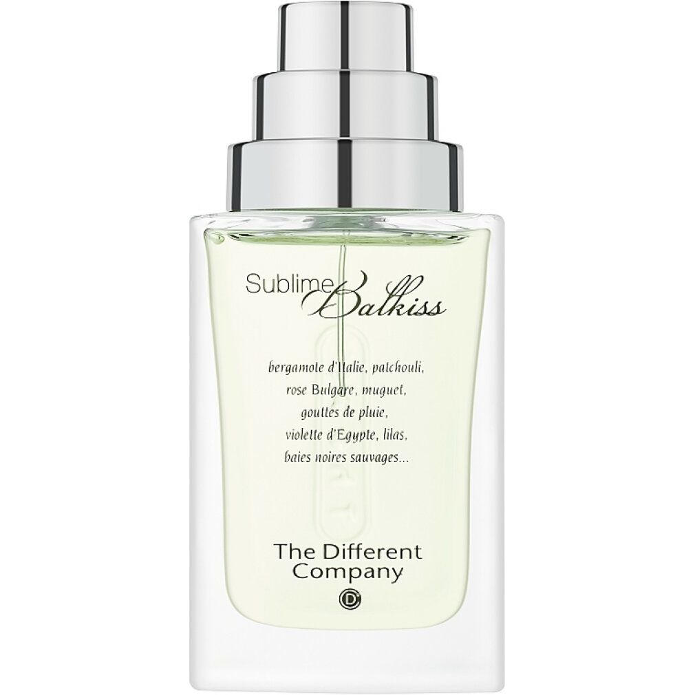 Flacone di profumo con vaporizzatore argentato. Scritta: Sublime Balkiss, ingredienti. Marchio: The Different Company.
