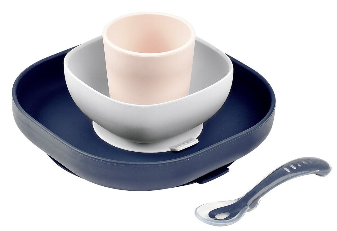 Set di stoviglie BEABA 4 pezzi. Piatto, ciotola, tazza e cucchiaio. Blu, bianco e rosa. Cucchiaio con punta in silicone.