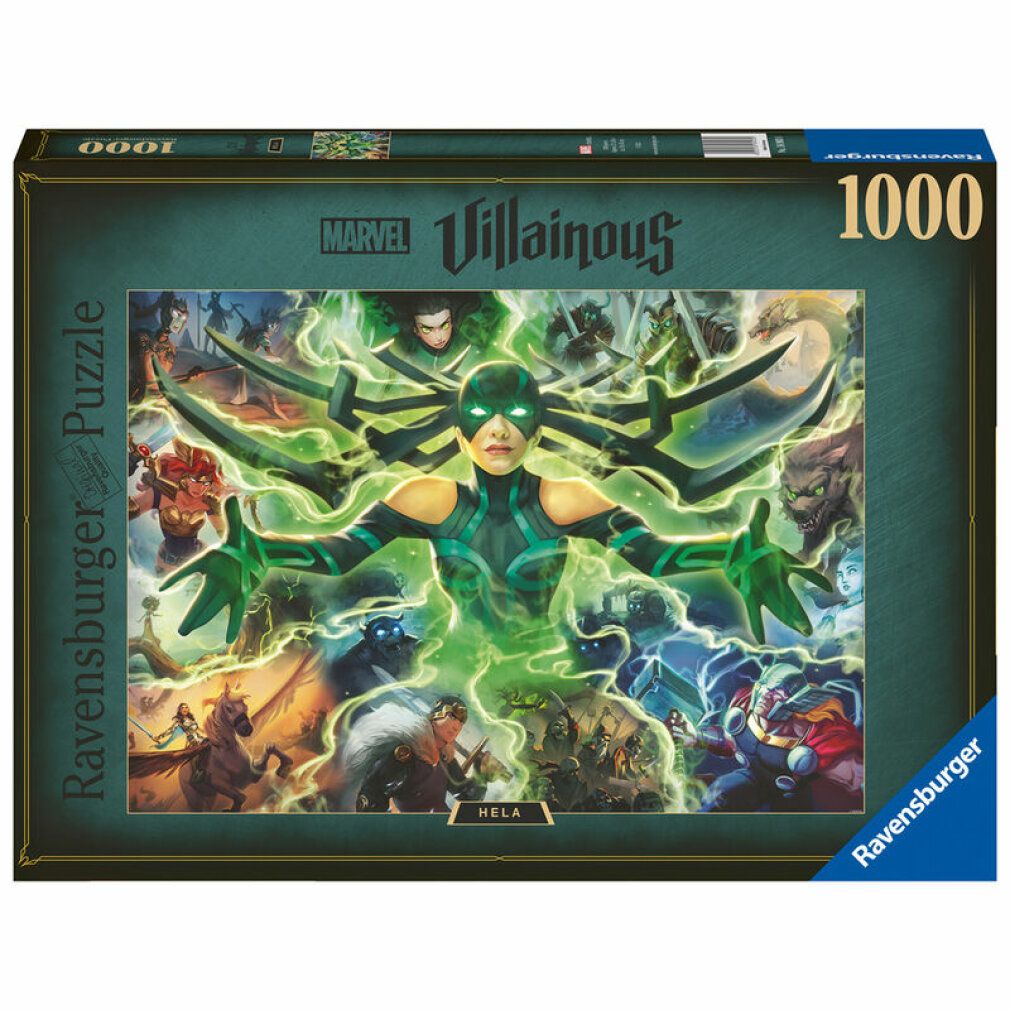 Scatola puzzle Marvel Villains Hela. 1000 pezzi. Hela con effetti verdi. Logo Ravensburger.