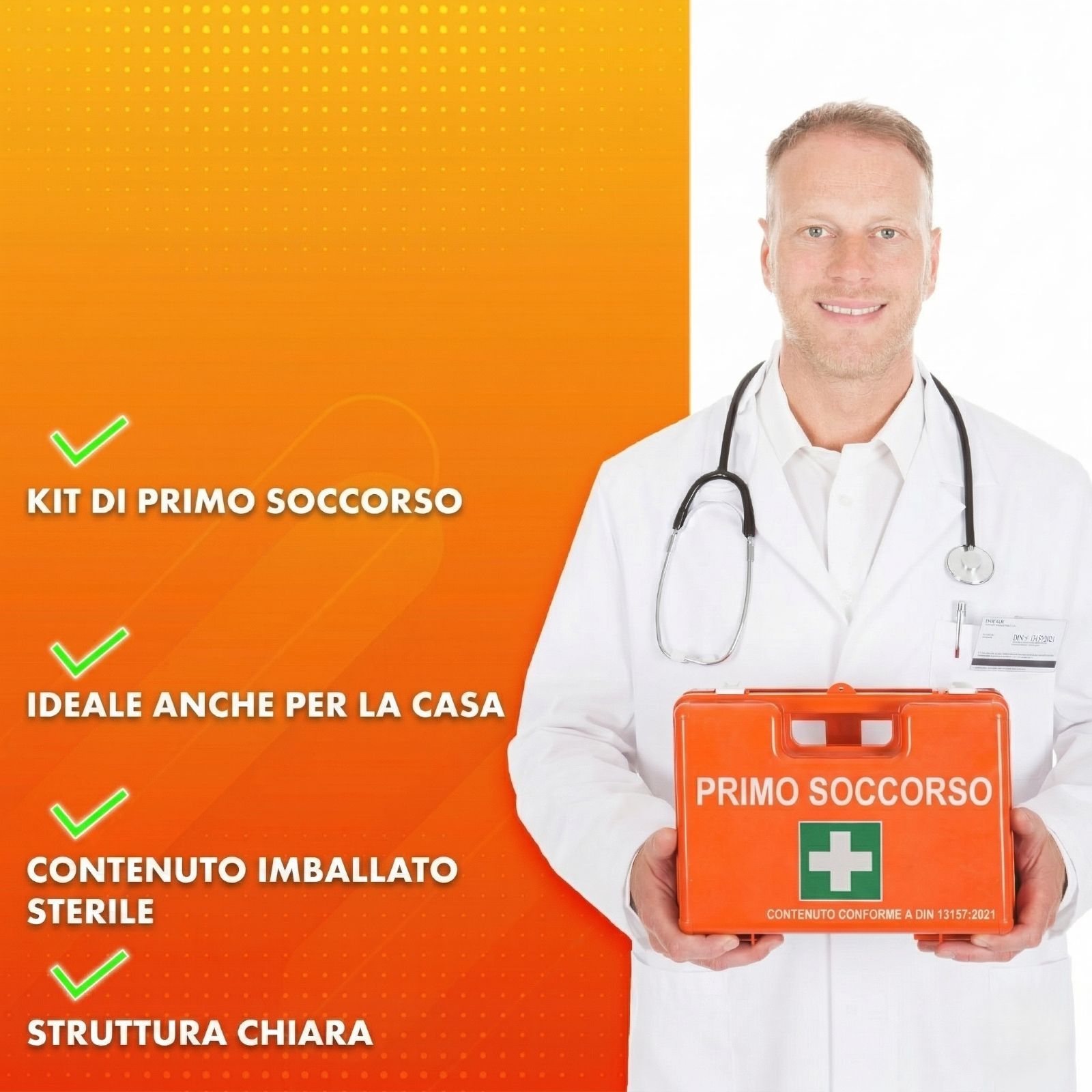 Medico tiene valigetta di pronto soccorso arancione. Scritta: Primo Soccorso. Spunte verdi: Kit, ideale per la casa, sterile, chiara.
