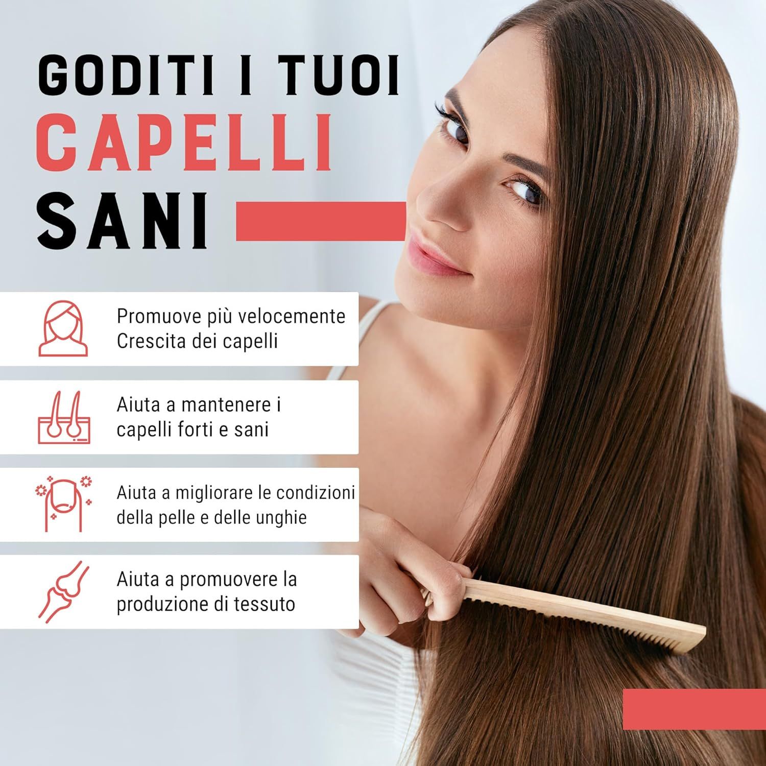 Donna si pettina. Testo: Favorisce la crescita dei capelli, mantiene i capelli sani, migliora la pelle e le unghie.