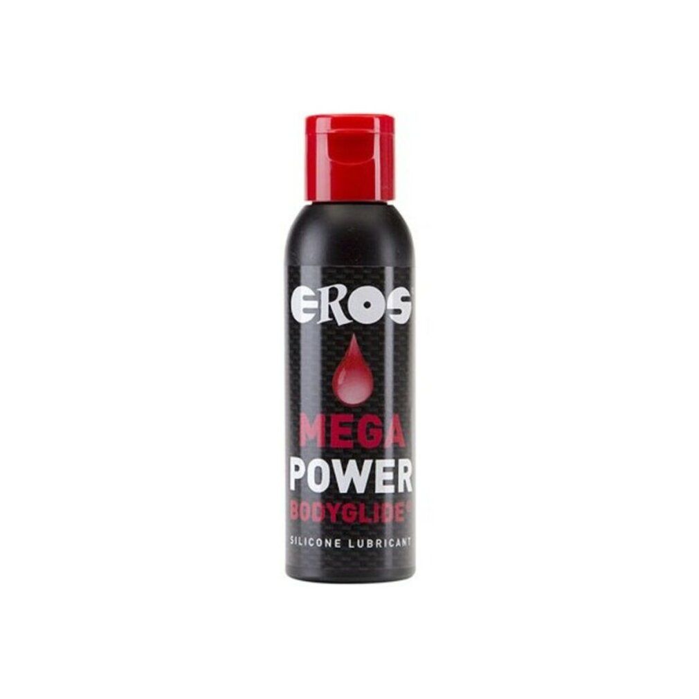 Flacone nero con tappo rosso. Scritta: EROS, MEGA POWER BODYGLIDE. Gel lubrificante al silicone.