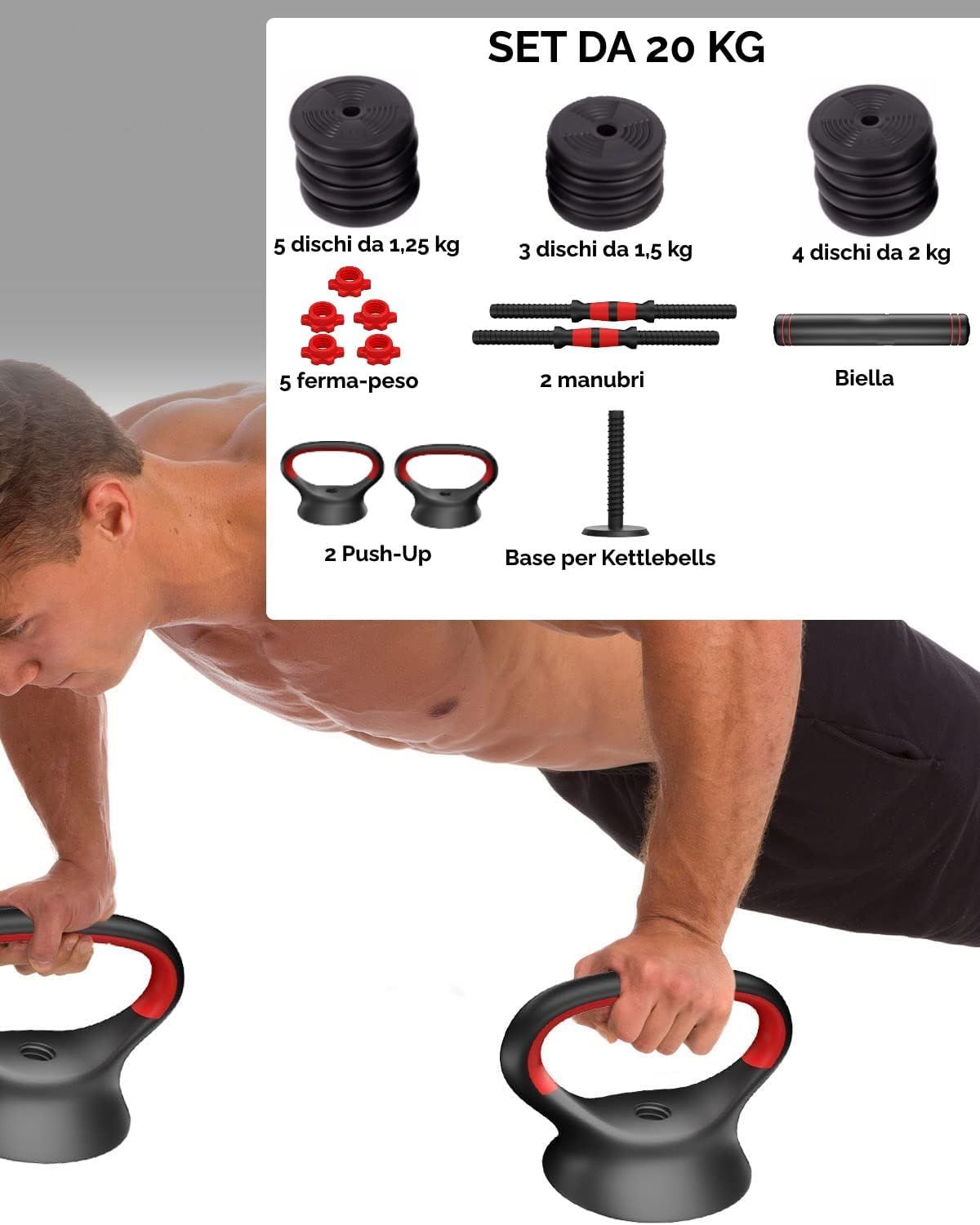 Uomo che si allena con i kettlebell. Sono mostrate le parti del set, inclusi pesi e accessori.