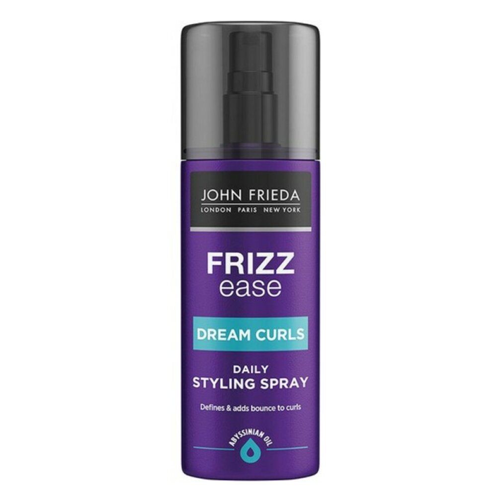Flacone spray viola con erogatore nero. Scritte: John Frieda, Frizz Ease, Dream Curls, Daily Styling Spray.