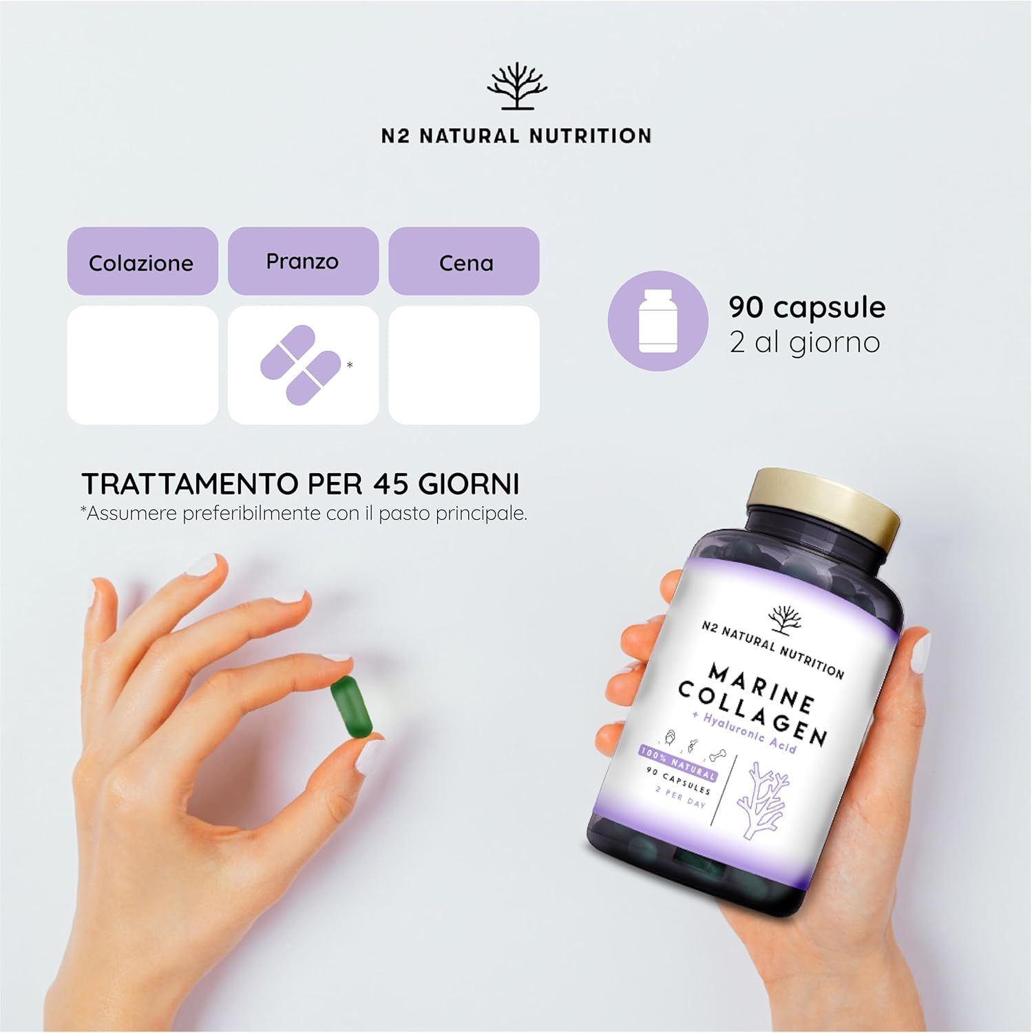 Donna tiene una capsula. Flacone di capsule. Testo: Marine Collagen + Hyaluronic Acid. 90 capsule.