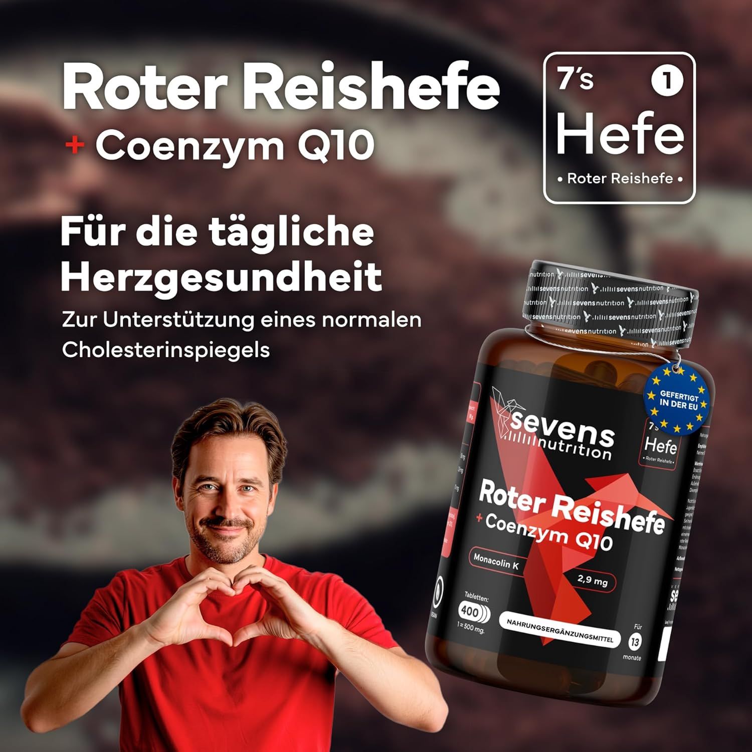 SEVENS NUTRITION Compresse di riso rosso fermentato con Coenzima Q10 per la salute del cuore.