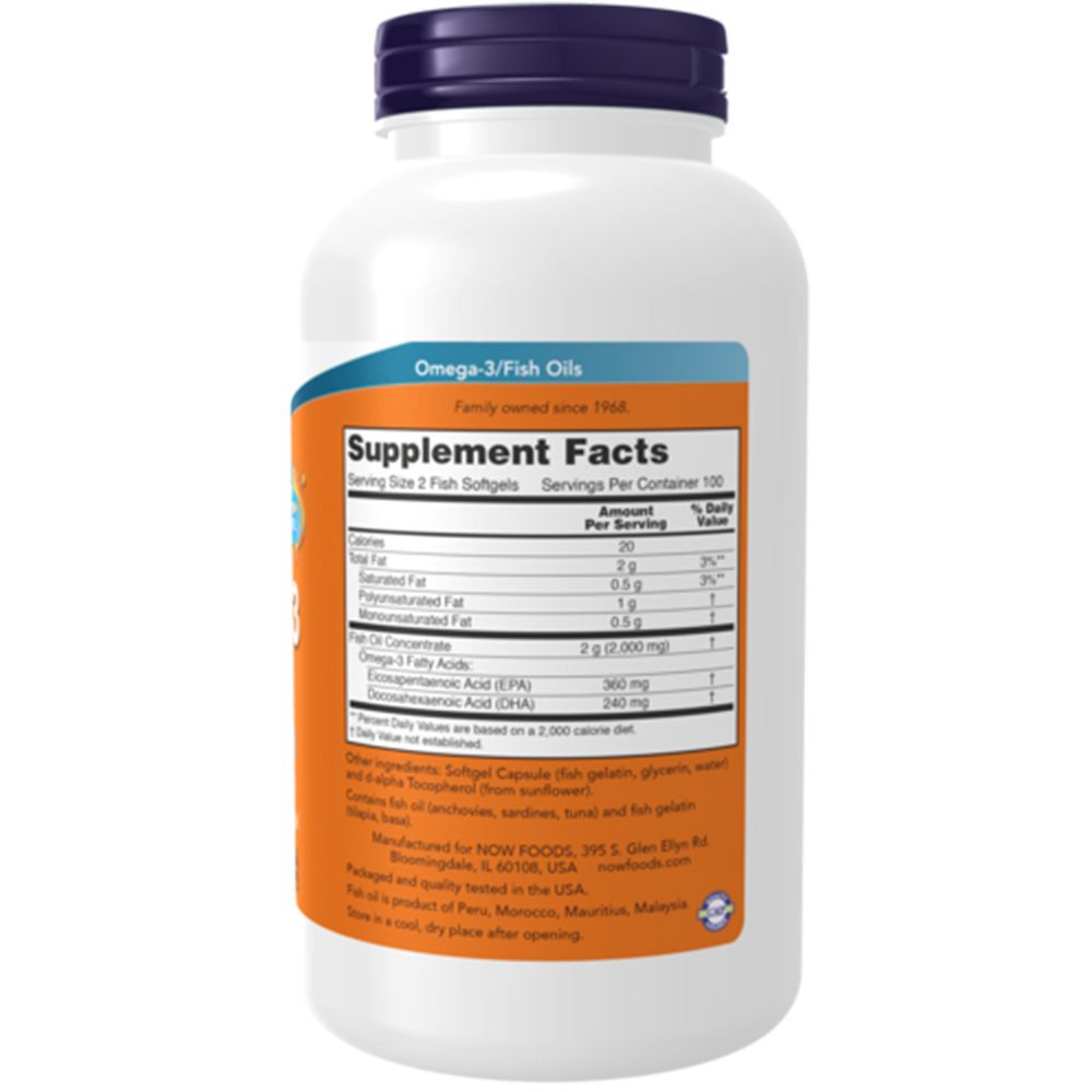 Retro della confezione Now Foods Omega-3 Olio di Pesce 1000mg. Include informazioni nutrizionali e ingredienti.
