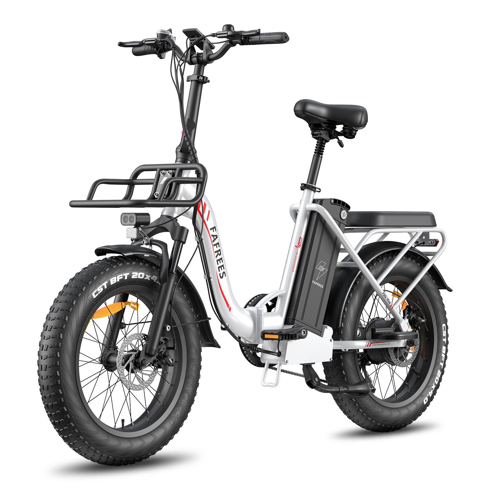 E-bike pieghevole bianco e nero. Portapacchi e logo FAFREES visibili. Pneumatici neri.
