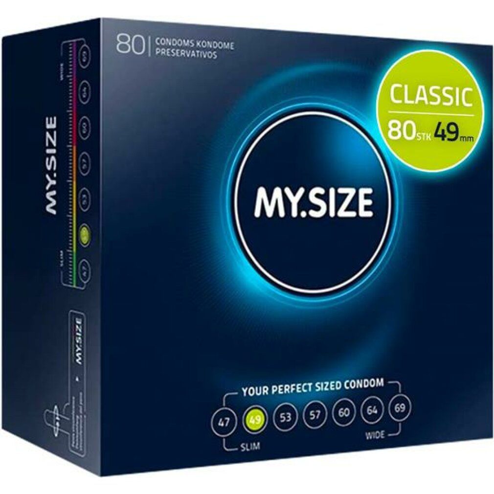 Scatola blu scuro MY.SIZE PRO. Taglie: 47-69 mm. 80 preservativi. Etichetta Classic.