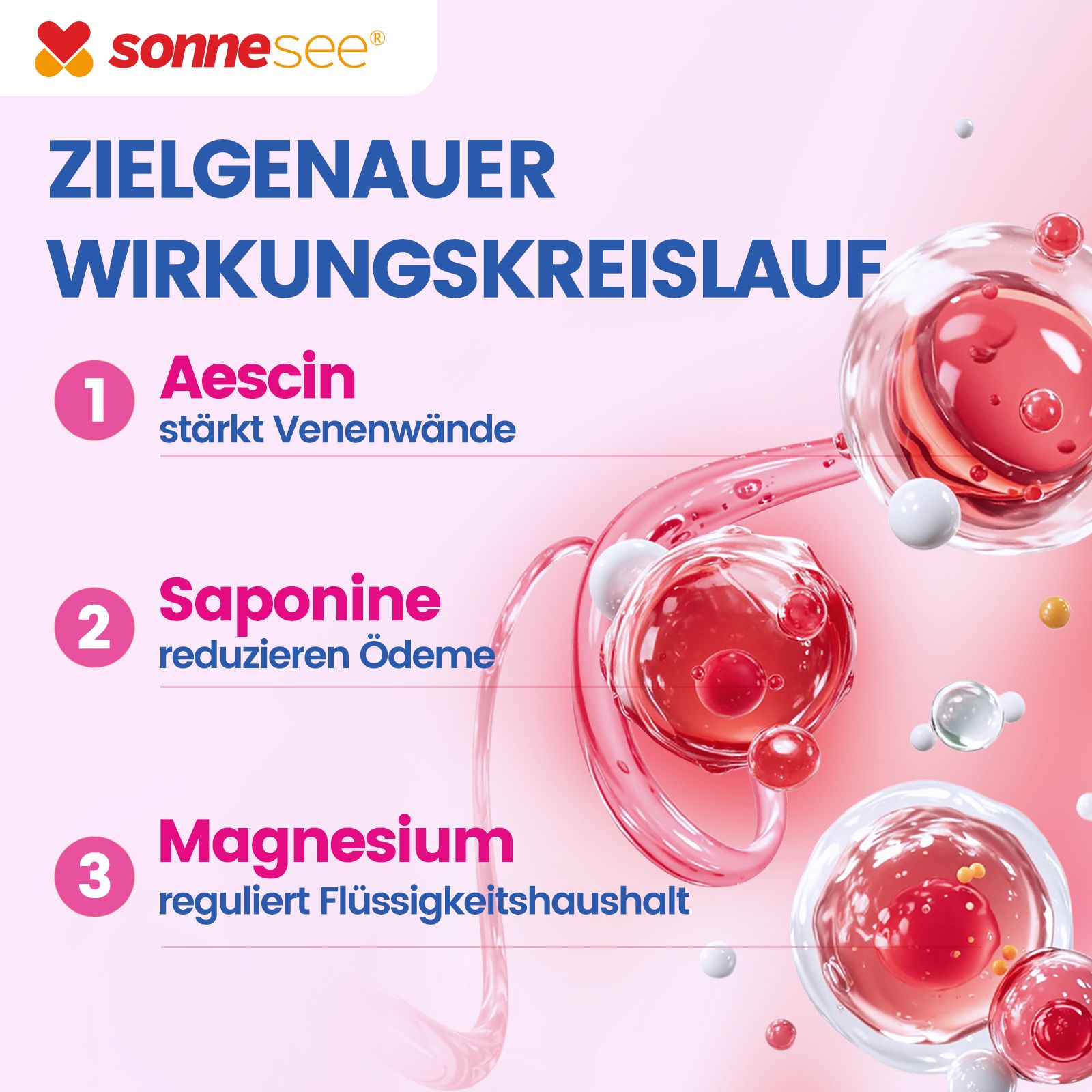 SonneSee Water Balance: L'Aescina rinforza le pareti venose, le Saponine riducono gli edemi, il Magnesio regola l'equilibrio dei fluidi.