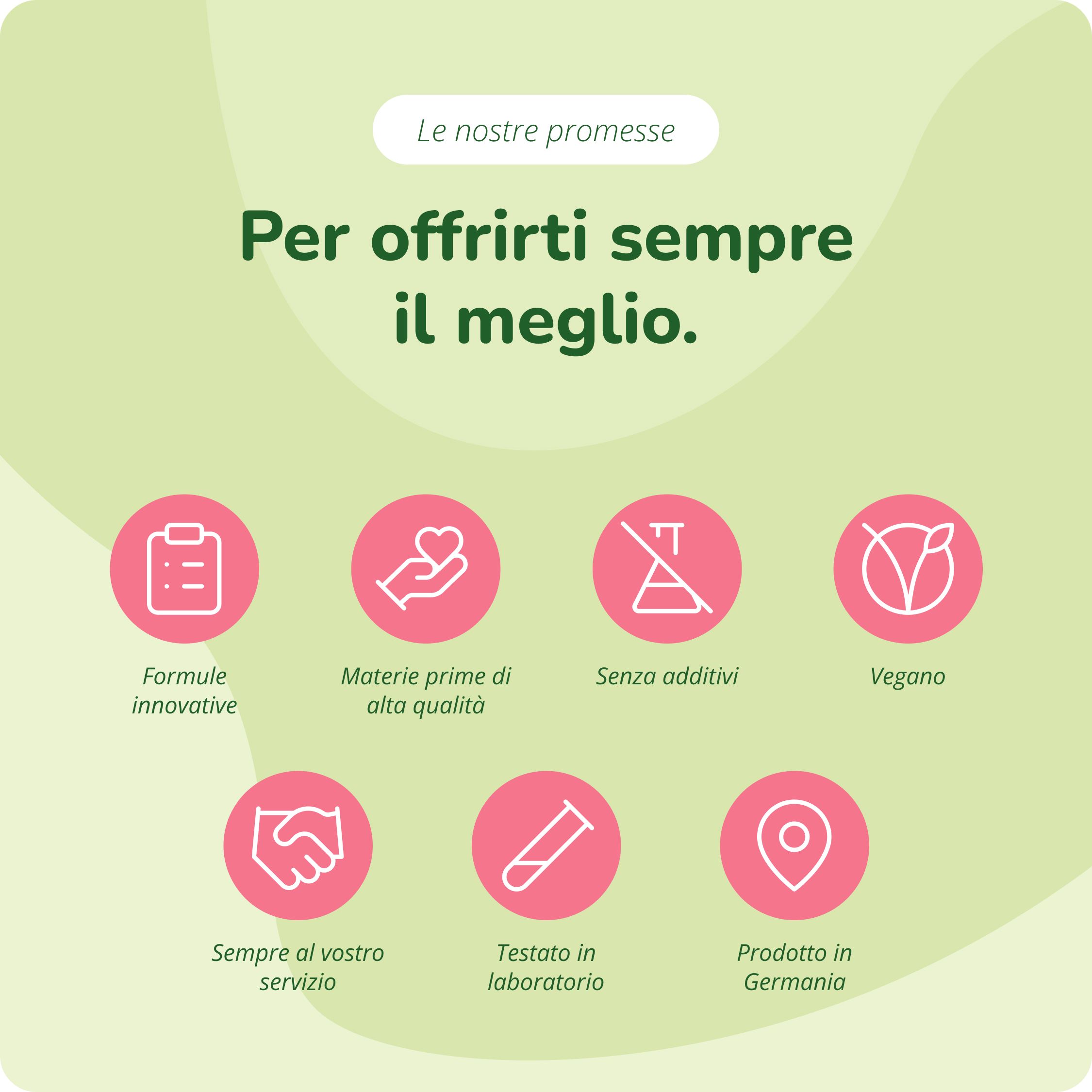 Sei icone: Formule innovative, Materie prime di alta qualità, Senza additivi, Vegano, Servizio, Testato in laboratorio, Prodotto in Germania.