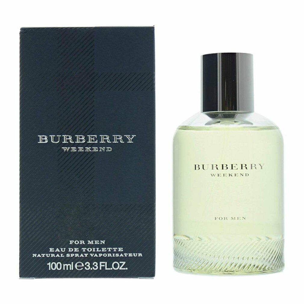 Flacone Burberry Weekend e confezione. Flacone con tappo nero, confezione con logo e testo.
