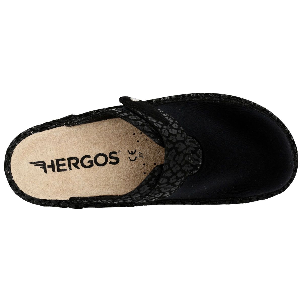 Vista dall'alto di uno zoccolo nero. Logo HERGOS sulla soletta. Taglia 37.