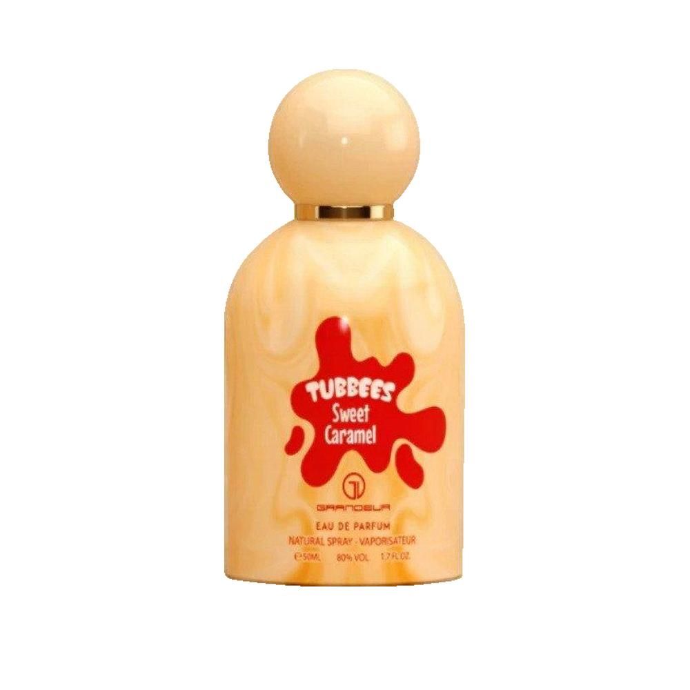 Flacone di profumo con tappo beige e scritta. Scritta: TUBBEES Sweet Caramel. Flacone con motivo marmorizzato.