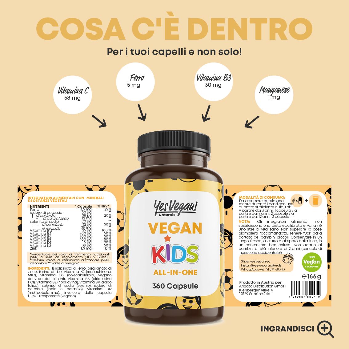 Flacone con informazioni nutrizionali e vitamine, 360 capsule.