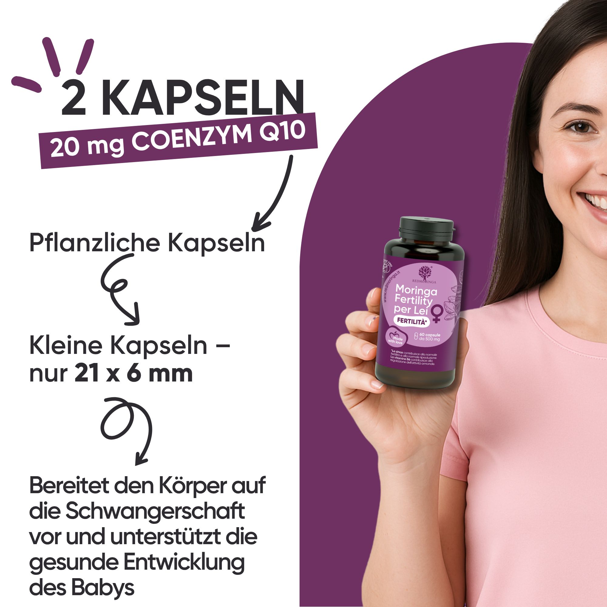 Donna che tiene una bottiglia "Moringa Fertility per Lei". Capsule piccole, 20 mg coenzima Q10.