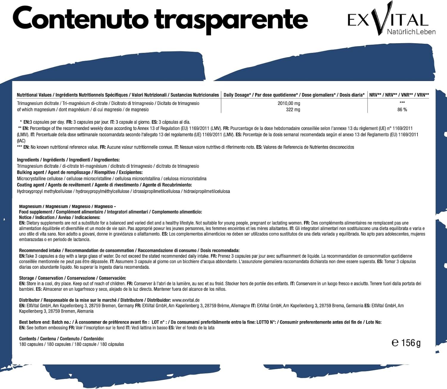 Testo su sfondo bianco. Testo: Contenuto trasparente, EXVital, informazioni nutrizionali, 180 capsule, e 156 g, Da consumarsi preferibilmente entro.