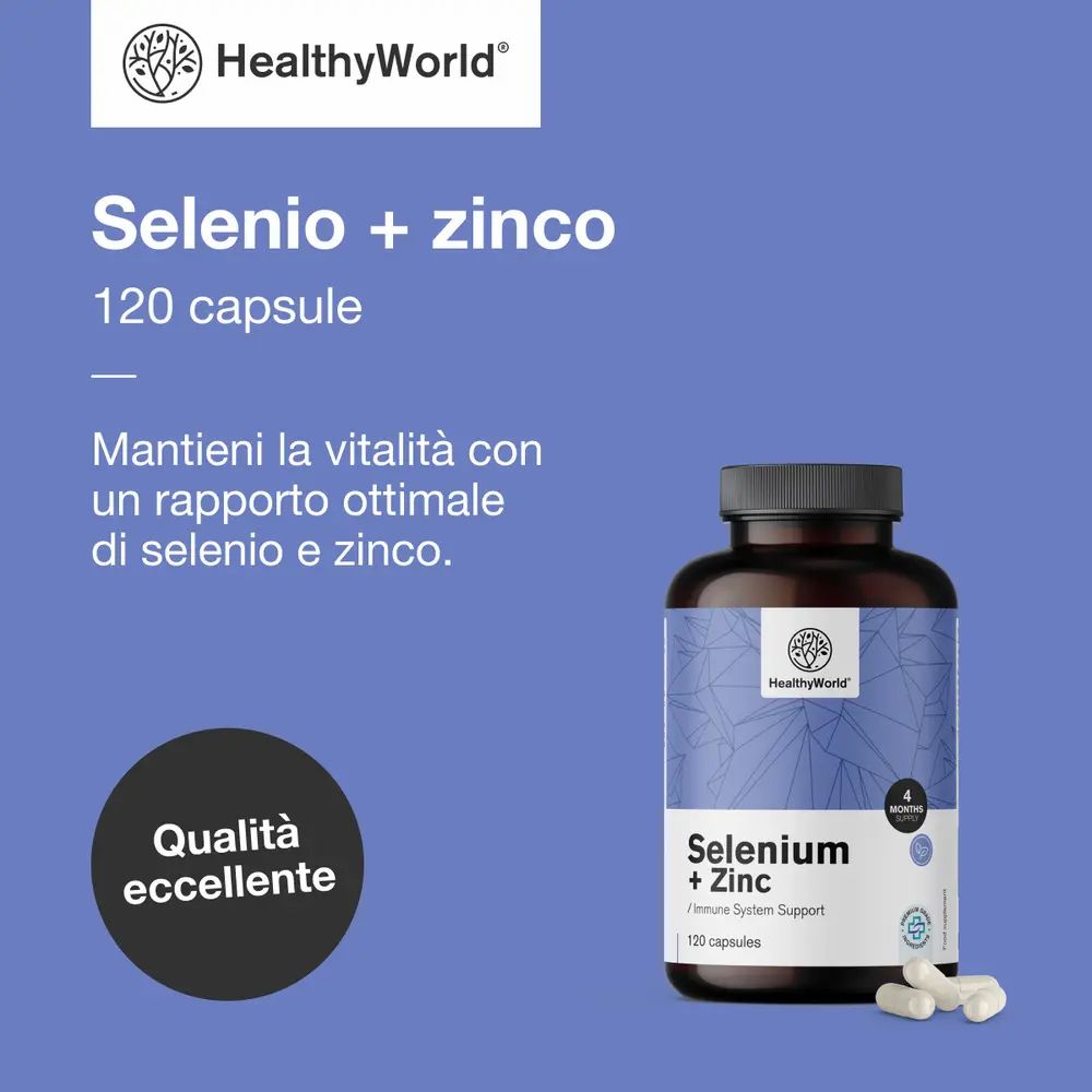 Prodotto HealthyWorld: Selenio + zinco, 120 capsule. Testo: Qualità eccellente. Flacone marrone.