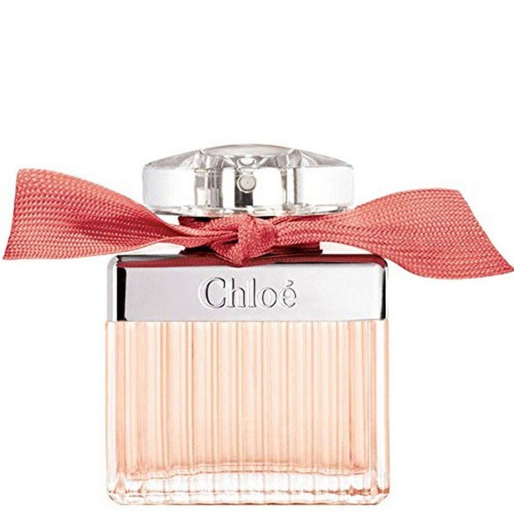 Flacone quadrato in vetro con liquido rosa, tappo argentato e fiocco. Chloé è scritto sul tappo.