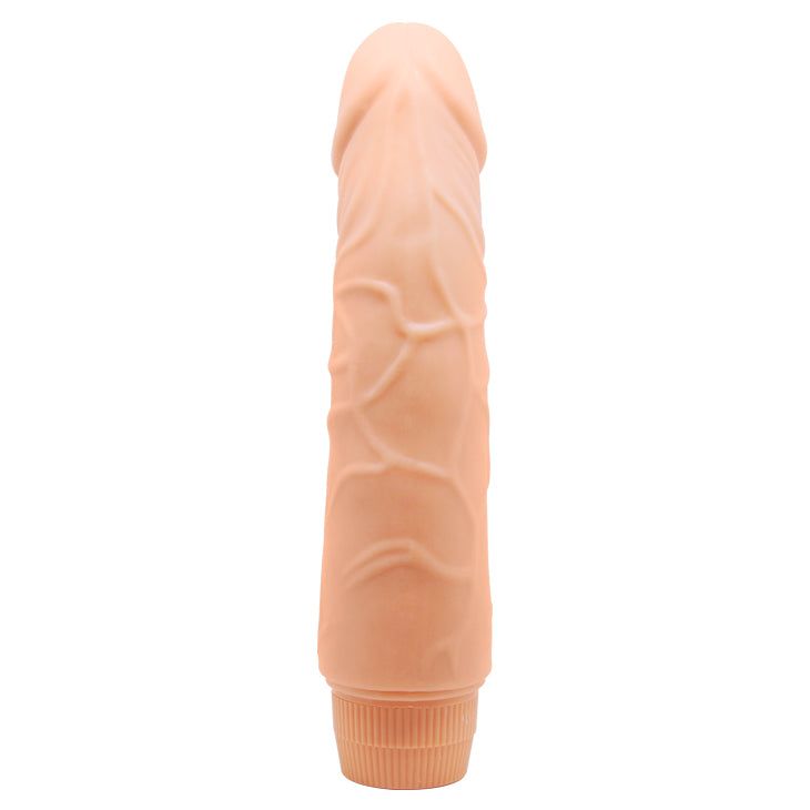 Dildo realistico beige, base scanalata, superficie dettagliata. Vene verticali sul fusto.