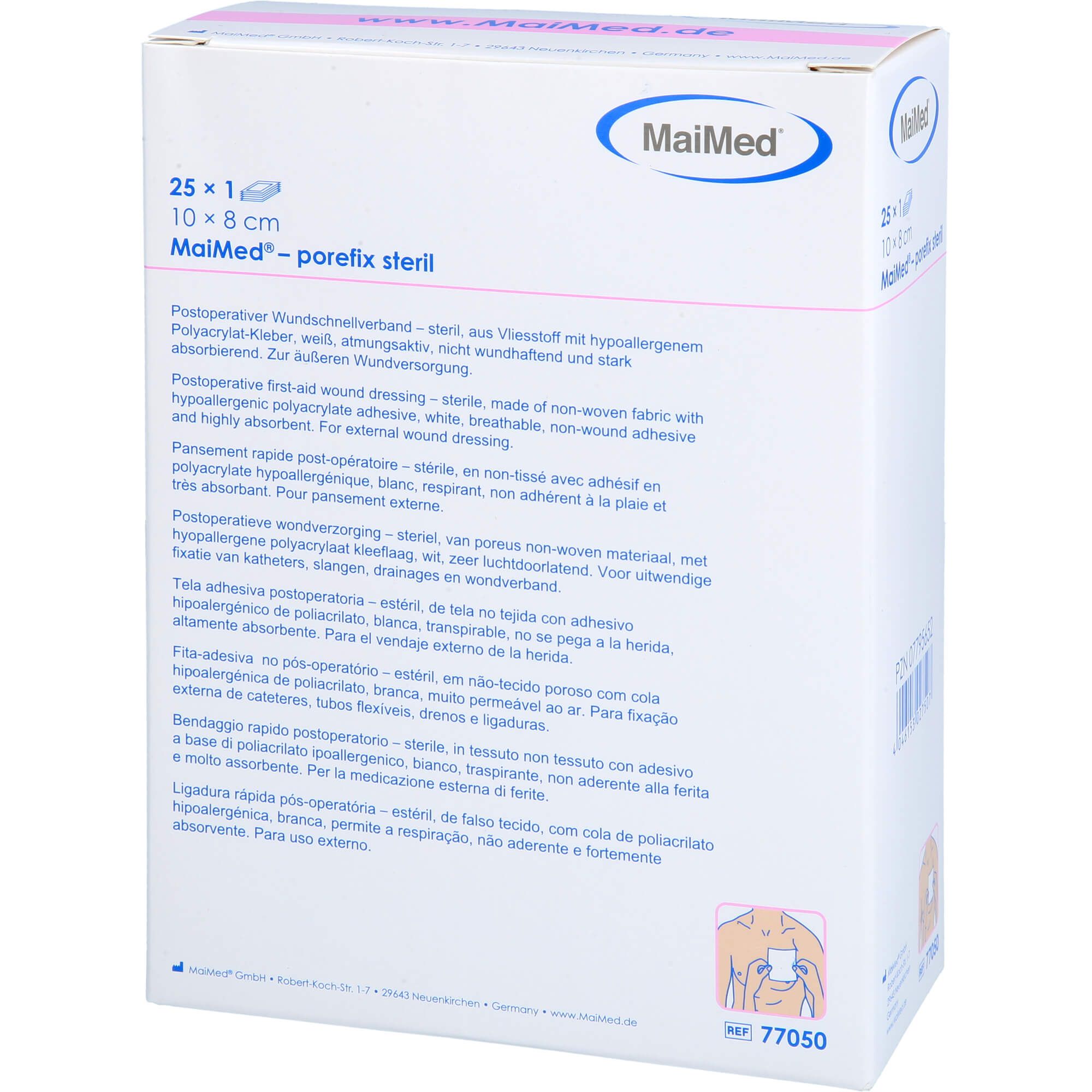 Confezione MaiMed porefix sterile. 10 x 8 cm. Confezione bianca con informazioni sul prodotto e testo multilingue.