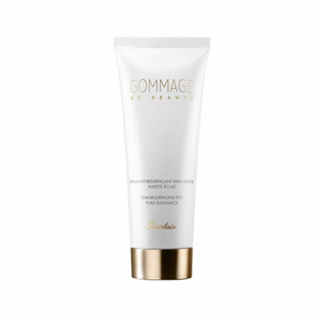Tubo bianco con base dorata. Scritta Gommage de Beauté e testo sottostante. Marchio: Guerlain.