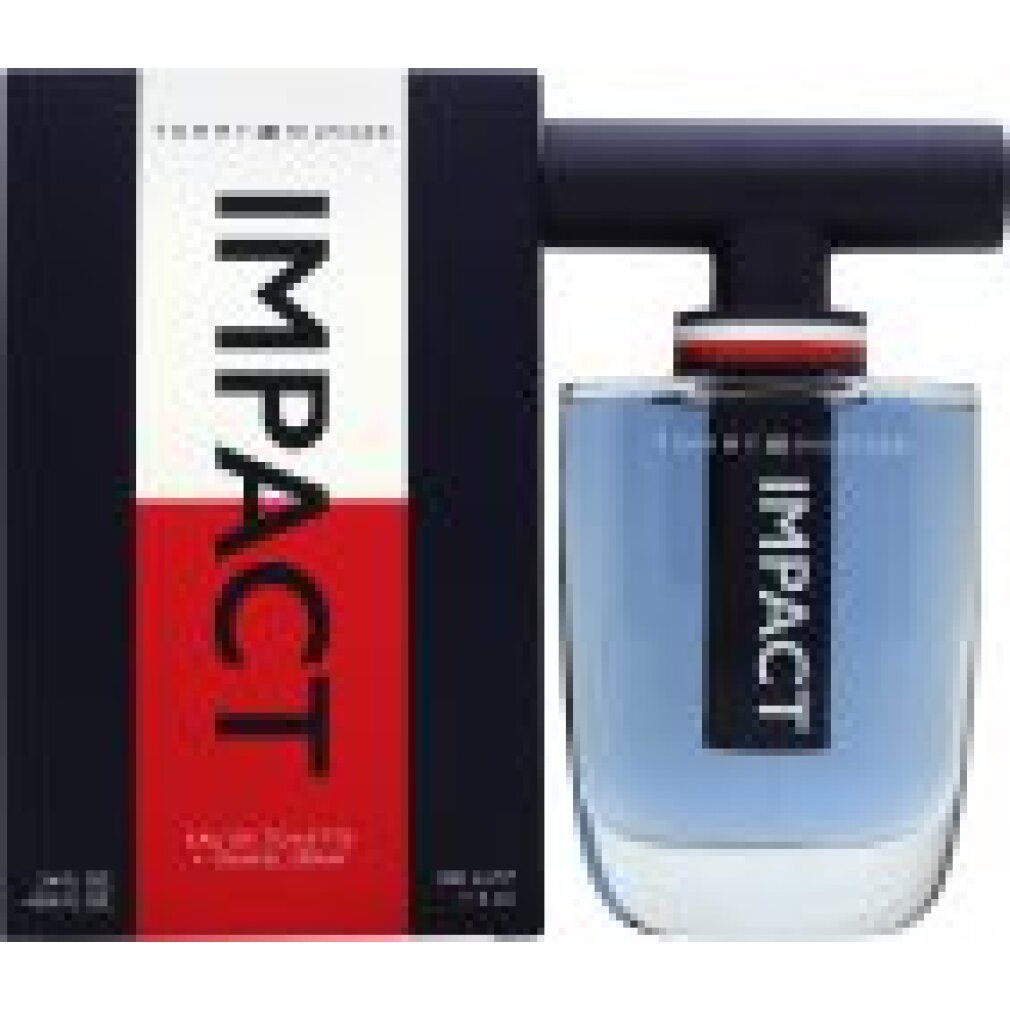 Flacone e confezione. Scritta IMPACT. Eau de toilette blu. Tappo nero. Striscia rossa e bianca.