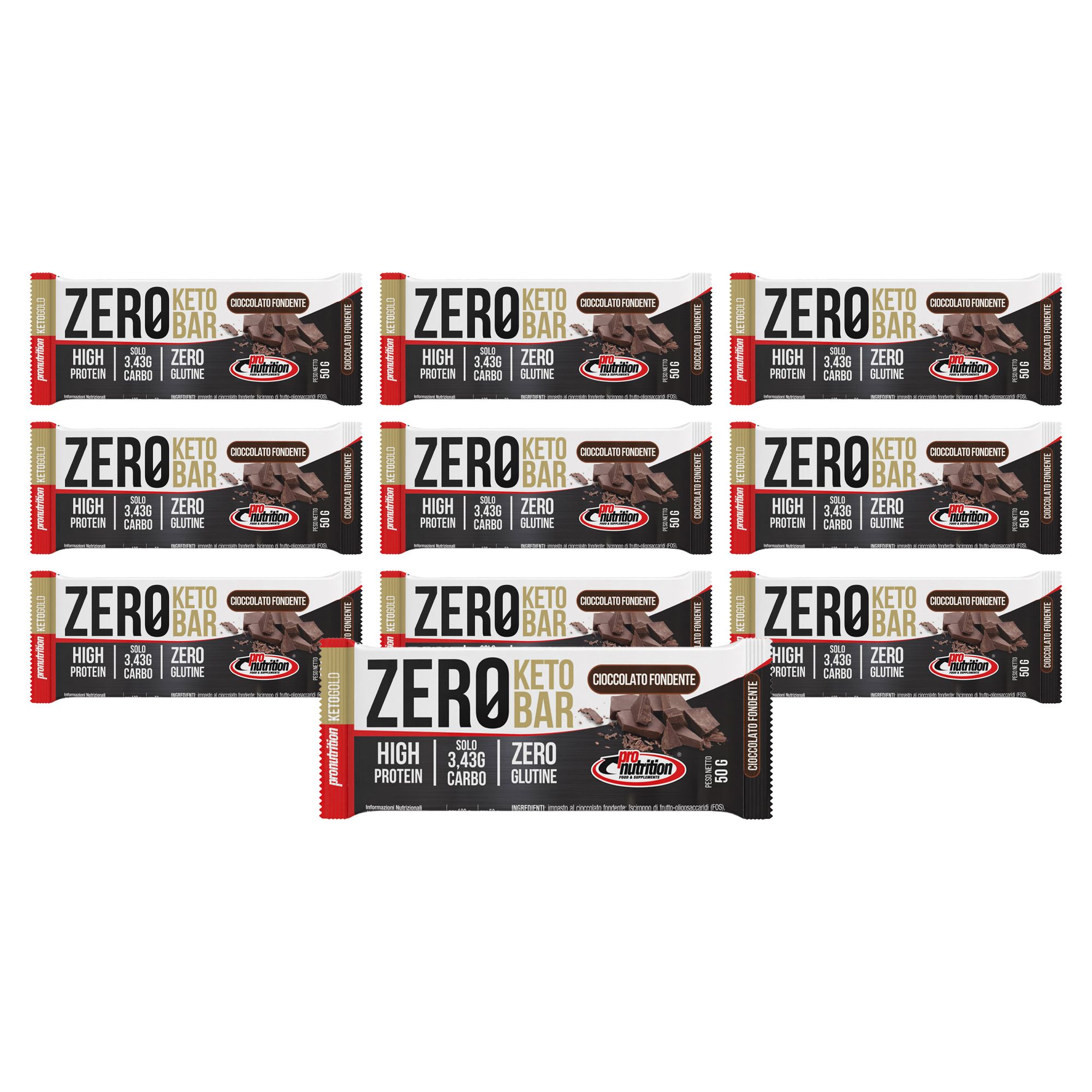 Pronutrition Zero Keto Bar - 10x50g - cioccolato - 40% proteine WPI - 3,43g zuccheri - senza glutine
