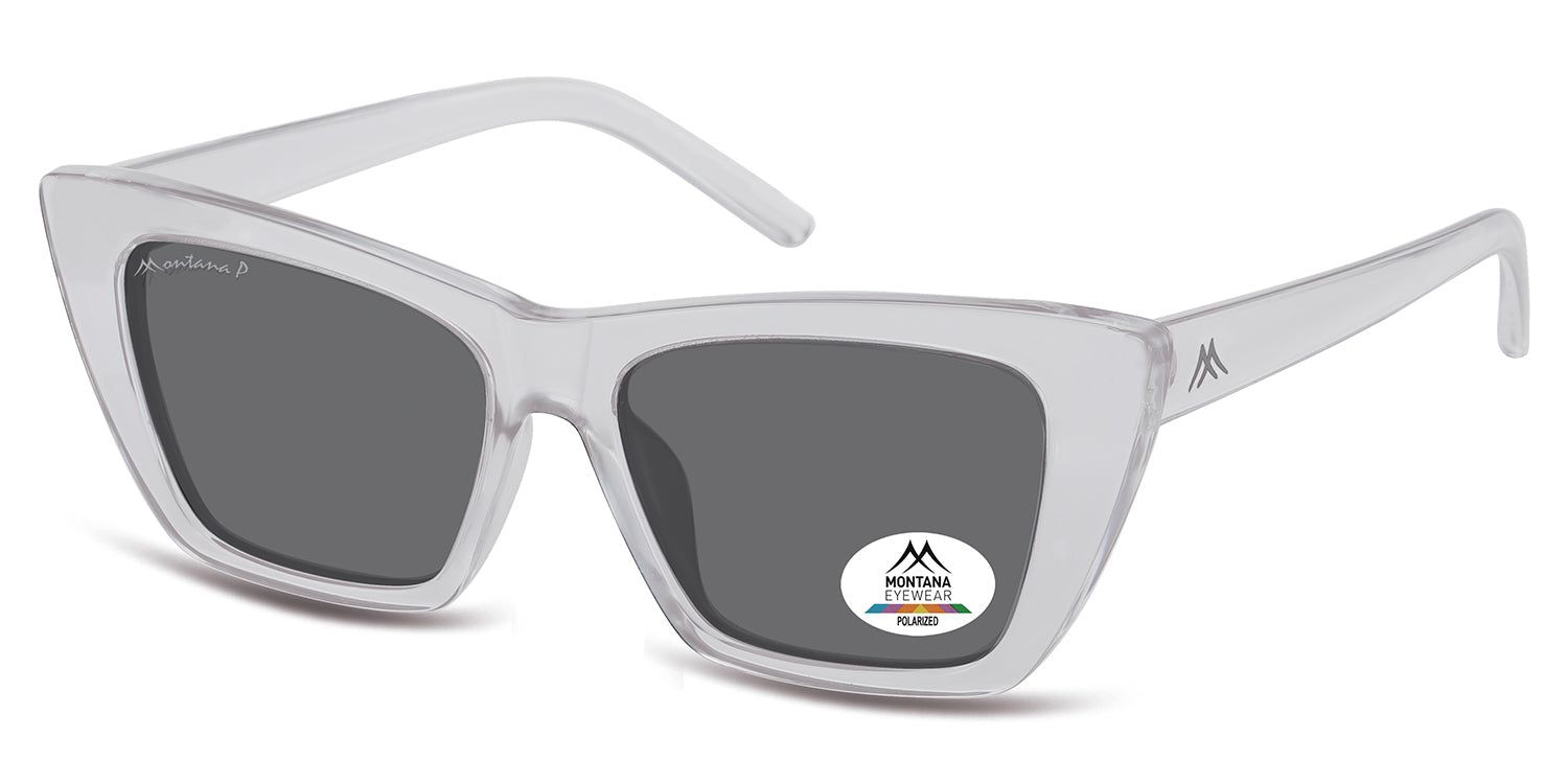 Occhiali da sole grigi, vista laterale. Forma squadrata. Logo Montana Eyewear sulla lente. Lenti polarizzate. Aste nere.