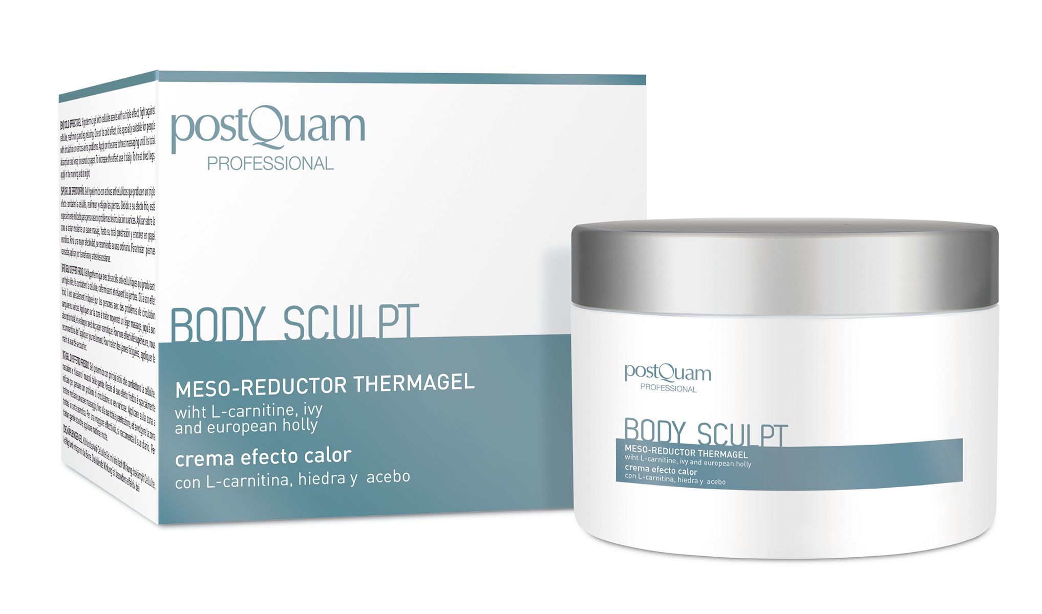 Vaso bianco con coperchio argentato e scatola. Scritta: Body Sculpt Meso-Riduttore Thermagel. Marchio PostQuam.