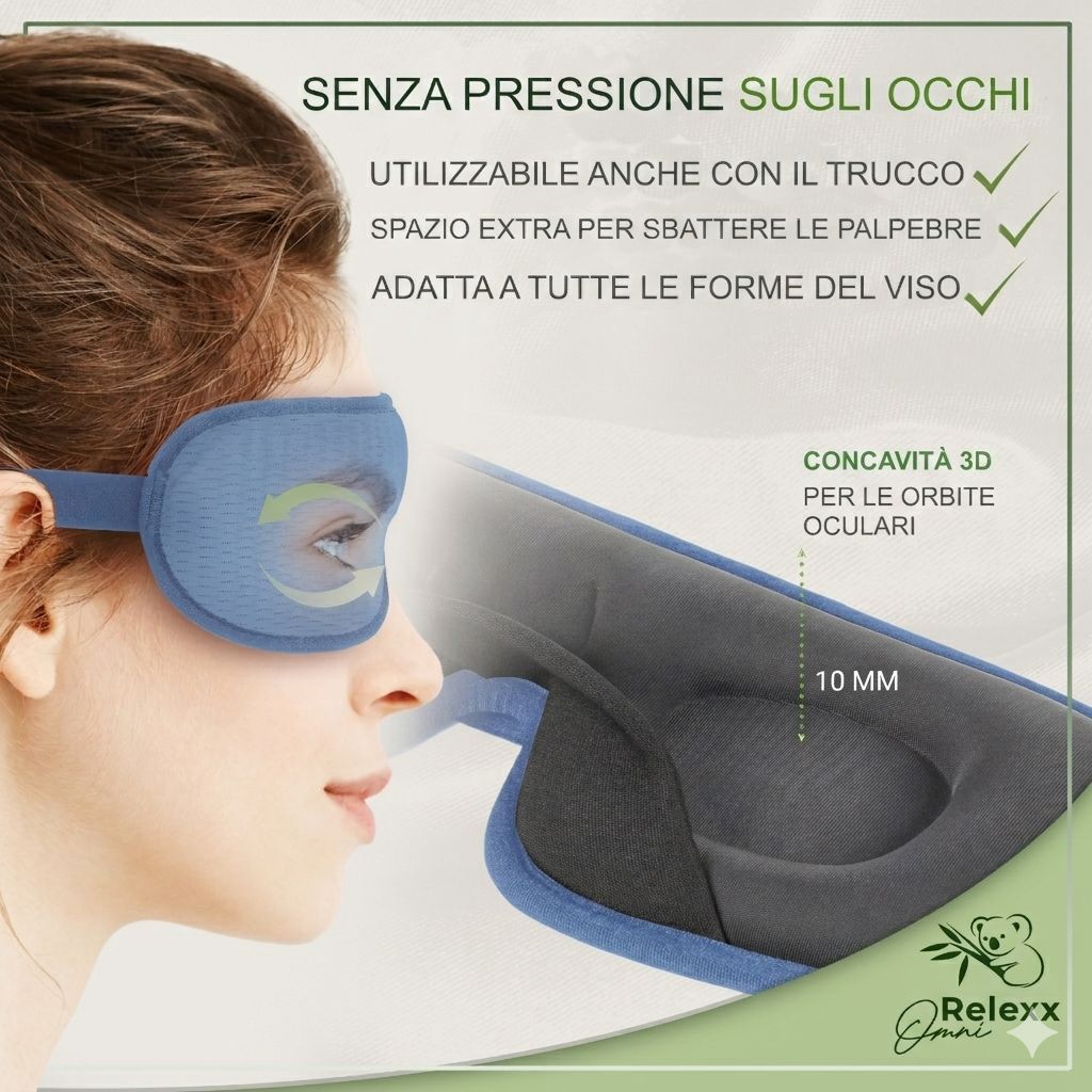 Maschera per dormire blu. Incavo 3D per le orbite oculari. Marchio: Omni Relexx.