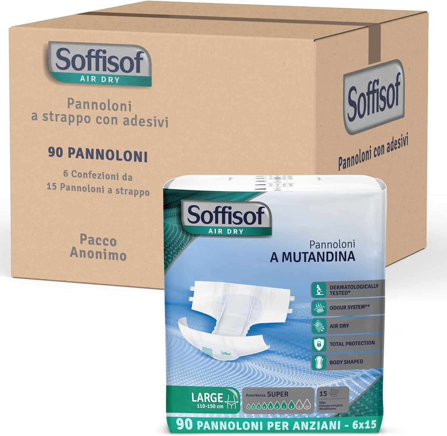 Soffisof Air Dry. Confezione e scatola di pannoloni. 90 pezzi. Taglia L, 110-150 cm. Dermatologicamente testato. Sistema Odour. Air Dry. Protezione totale.