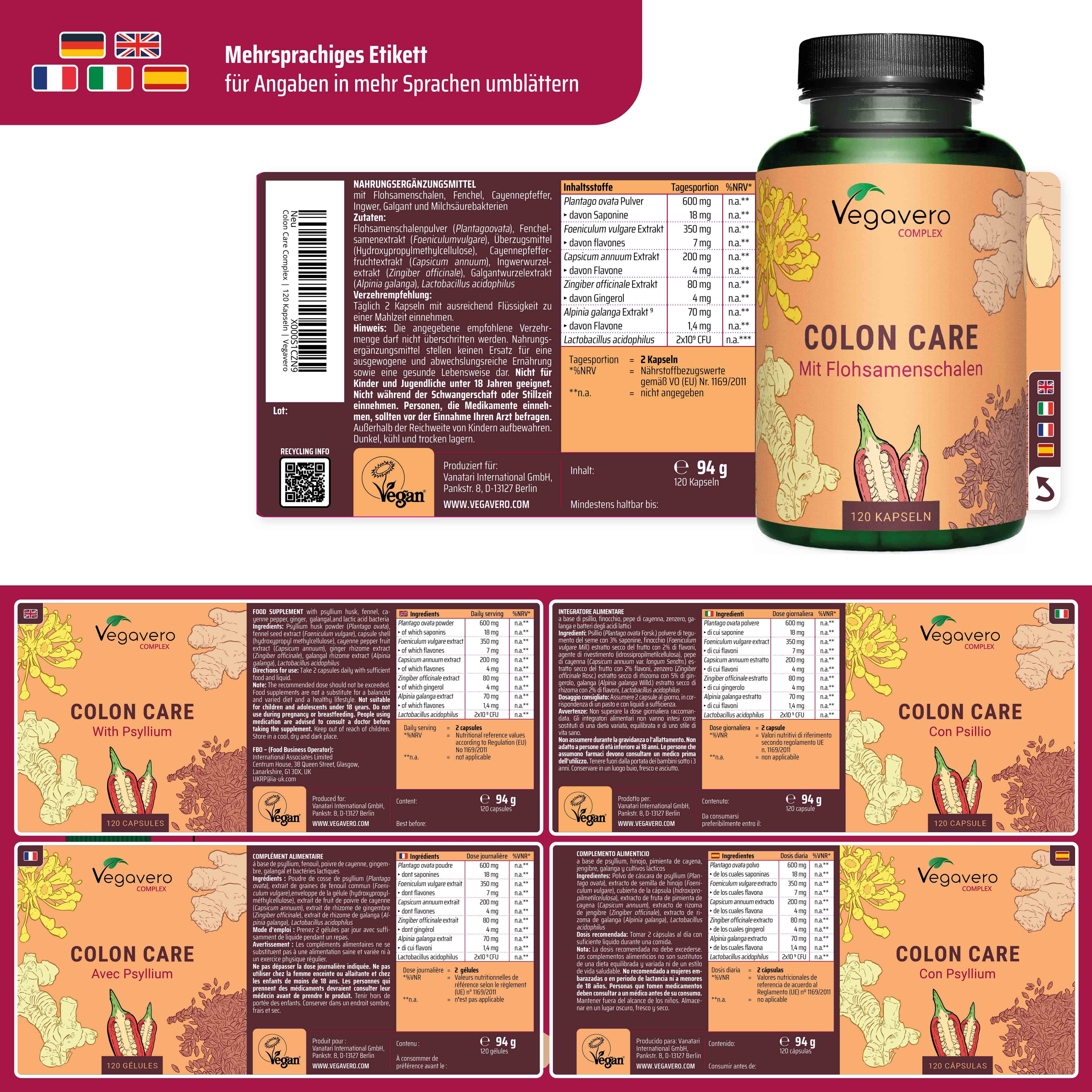 Confezione del prodotto con flacone ed etichette multilingue. Scritta: Vegavaro, Colon Care, 120 capsule.
