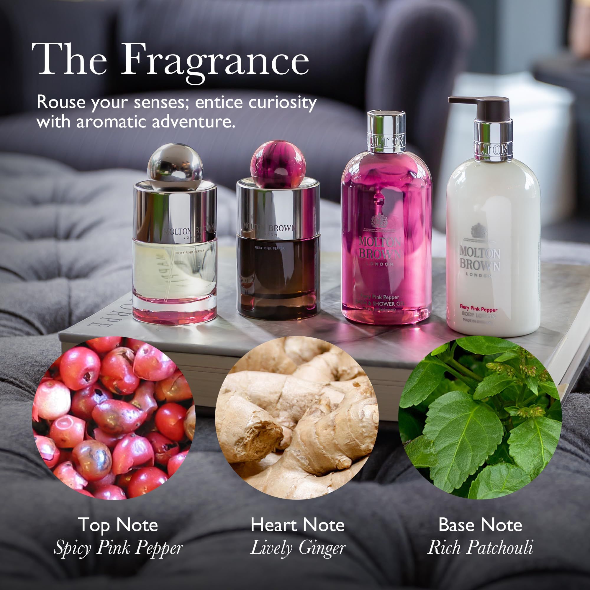 Vari prodotti Molton Brown. Bottiglie con liquido rosa, zenzero, pepe rosa e foglie. Testo: Nota di testa, di cuore, di fondo.