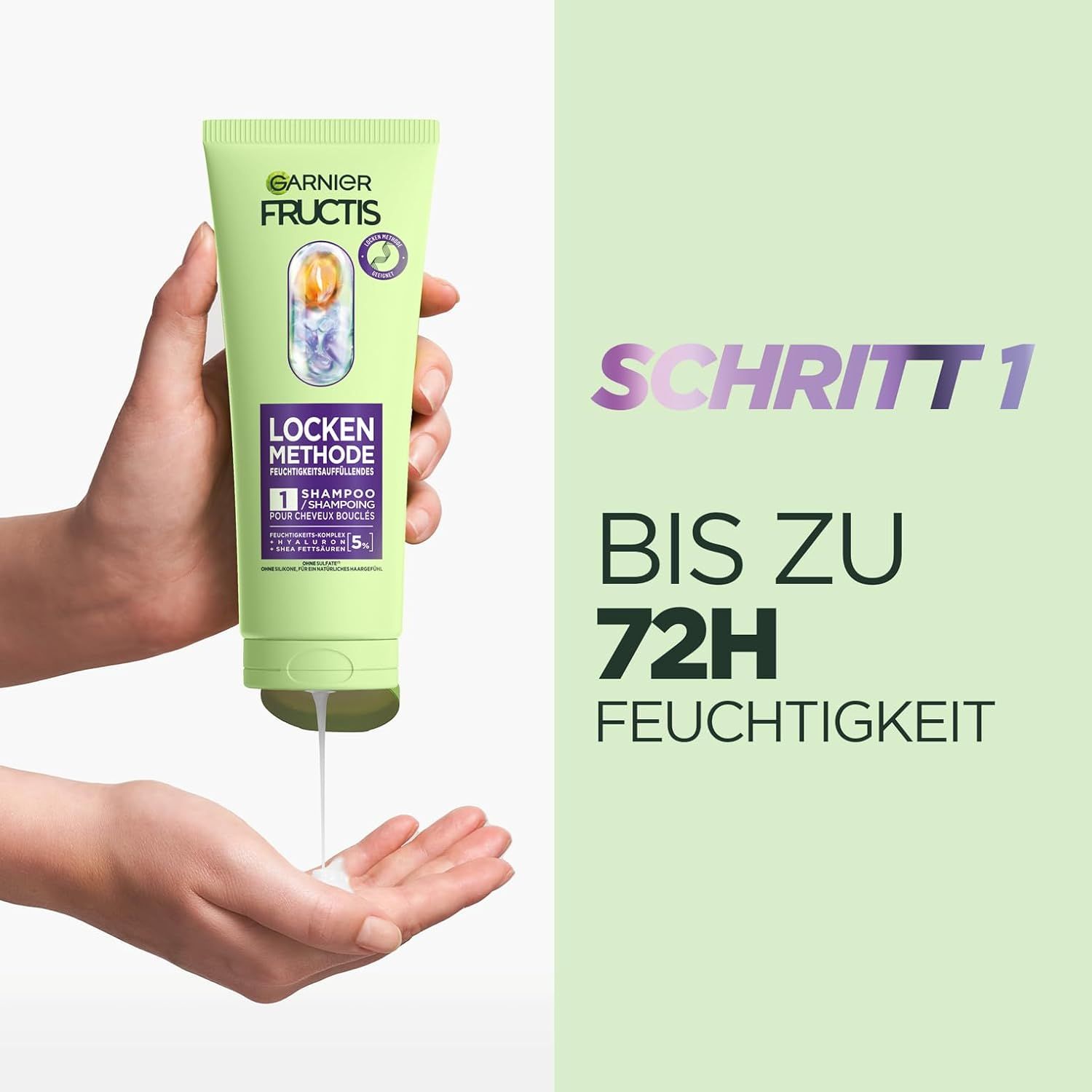 Mano che tiene un tubo verde di shampoo Garnier Fructis Locken Methode. Il prodotto viene versato nel palmo. Testo: Fase 1, fino a 72 ore di idratazione.