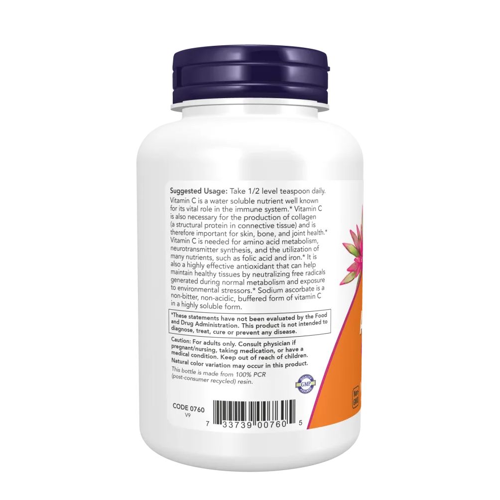 Flacone bianco con tappo viola, etichetta con informazioni sulla Vitamina C e codice a barre.