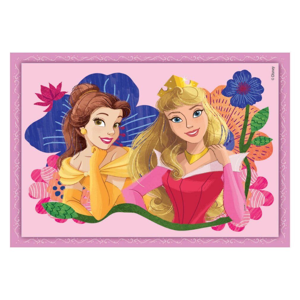 Puzzle con Belle e Aurora, principesse Disney. Circondato da fiori e cornice rosa.