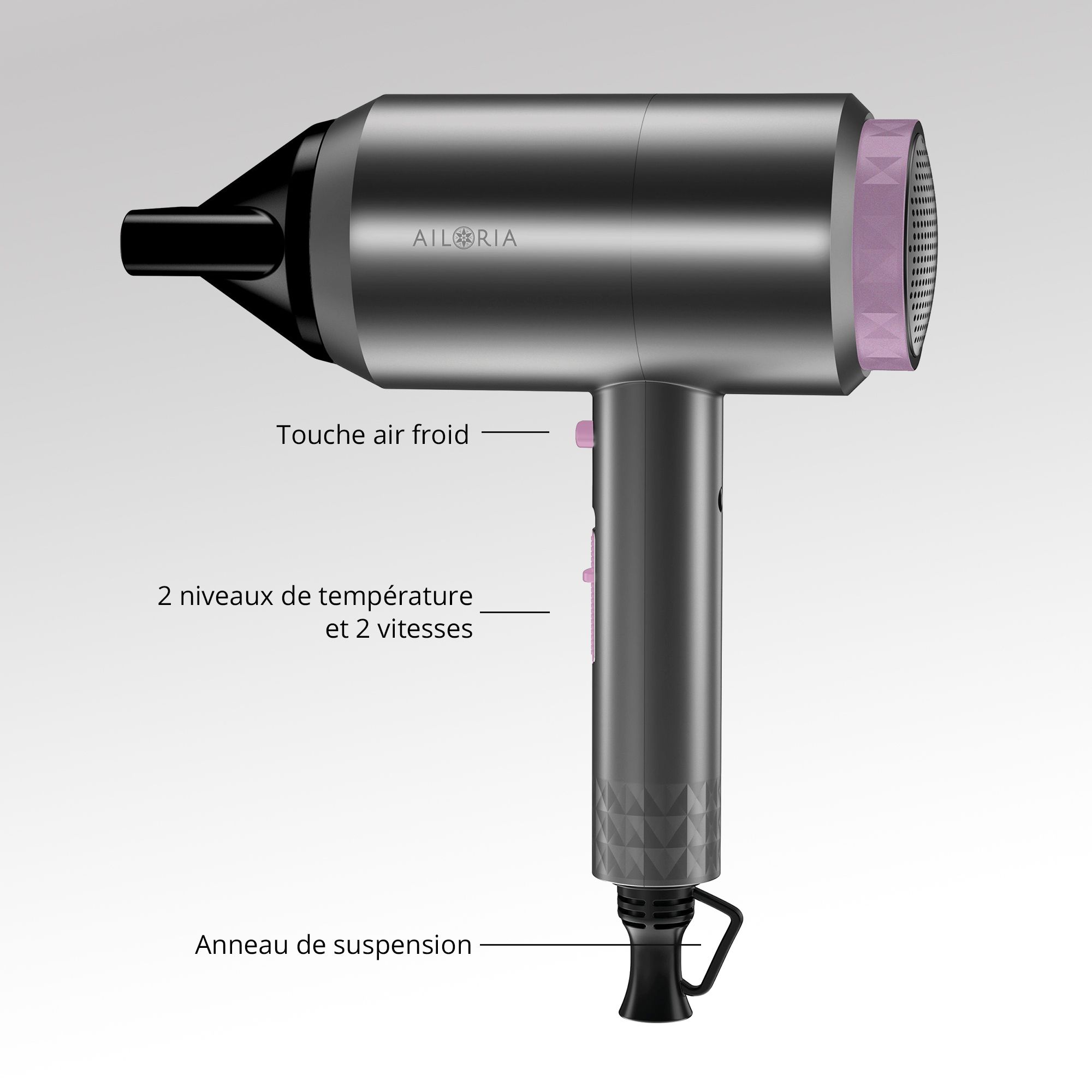 Asciugacapelli grigio-nero con dettagli rosa. Logo AILORIA. Scritte: Funzione aria fredda, 2 livelli di temperatura e 2 velocità. Anello di sospensione.