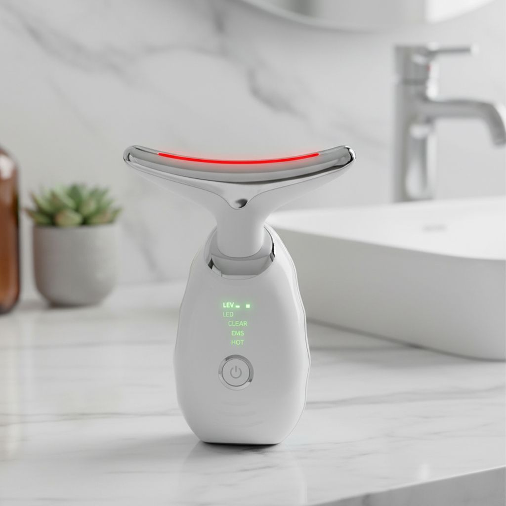 Dispositivo bianco con display LED e testa curva. Posizionato su una superficie, vicino a un lavandino e una pianta.