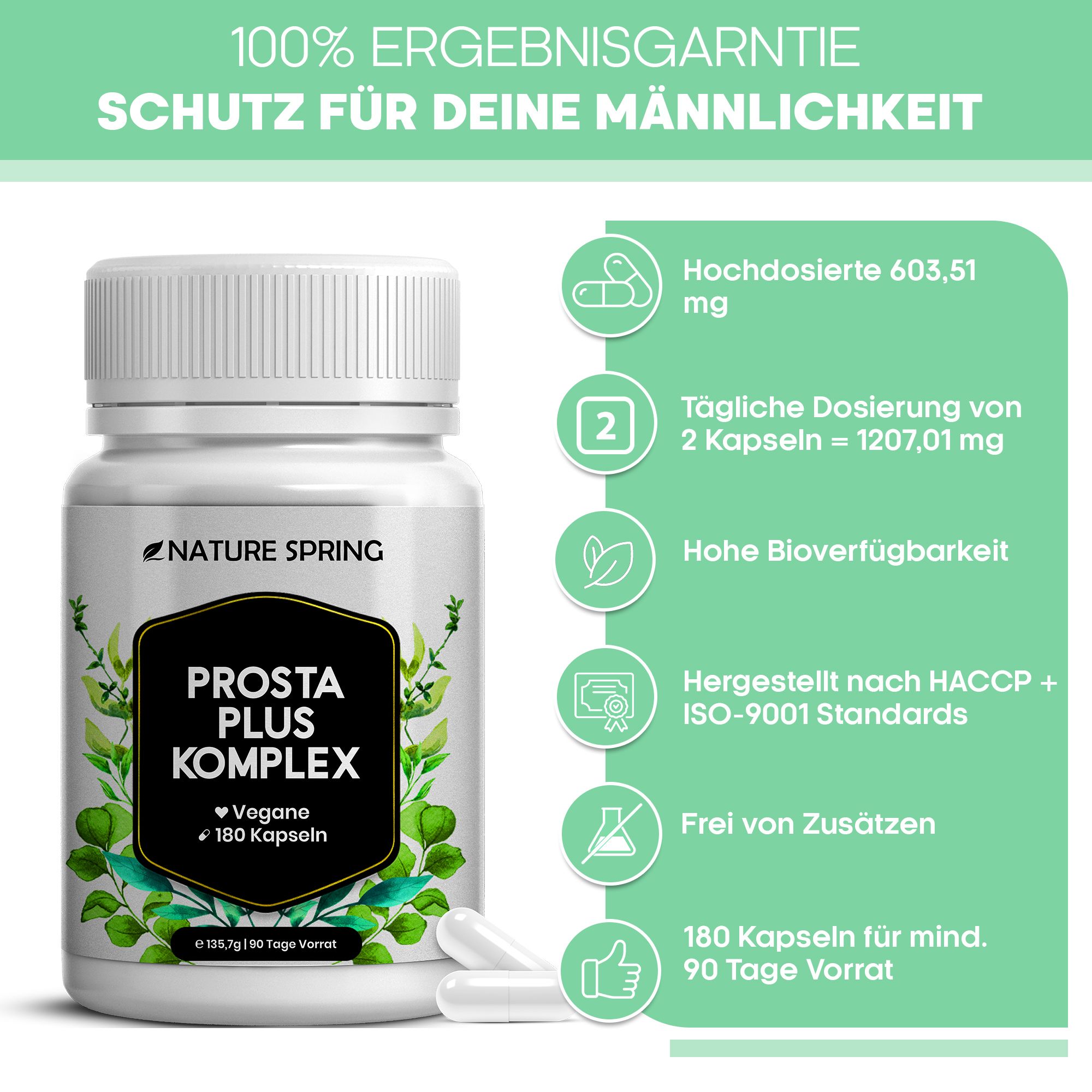Nature Spring Prosta Plus Komplex: Contenitore con dettagli su dosaggio, biodisponibilità e ingredienti.