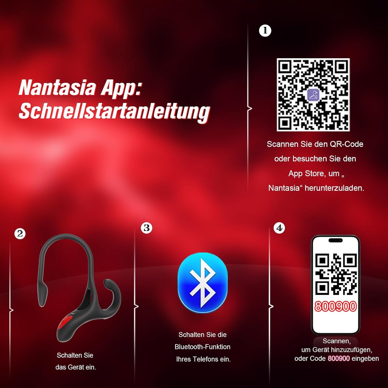 Istruzioni per l'installazione dell'app. Codici QR e simbolo Bluetooth. Testo: Guida rapida. Accendere il dispositivo.