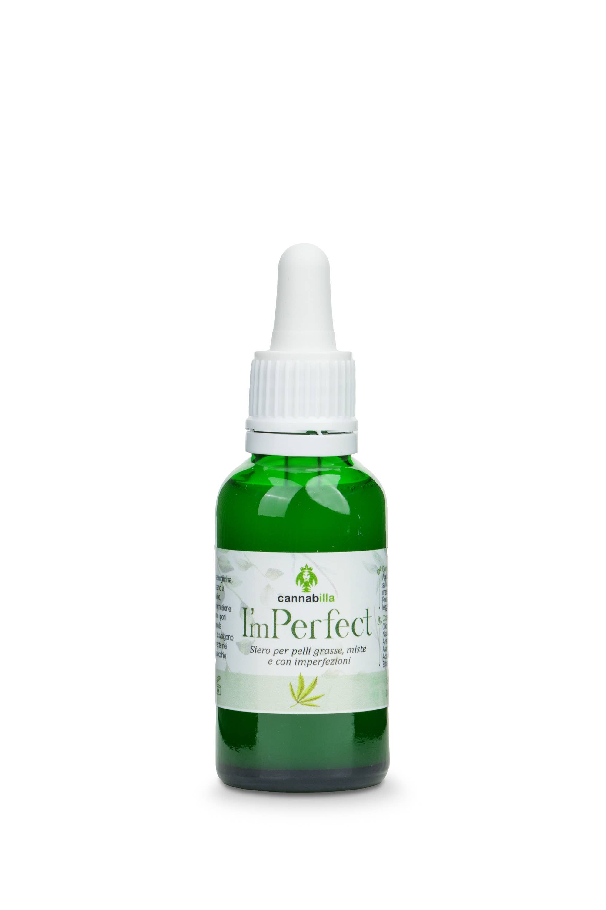 Flacone in vetro verde con contagocce bianco. Scritto: ImPerfect, Siero Viso Purificante alla Canapa.