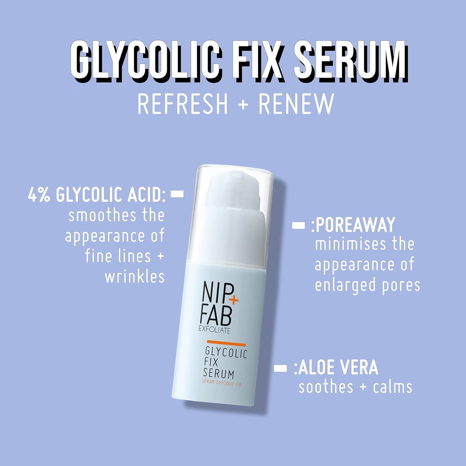 Siero Glycolic Fix Nip + Fab. Flacone bianco con dosatore a pompa. Testo: Glycolic Fix Serum, 4% acido glicolico, Poreaway, Aloe Vera.