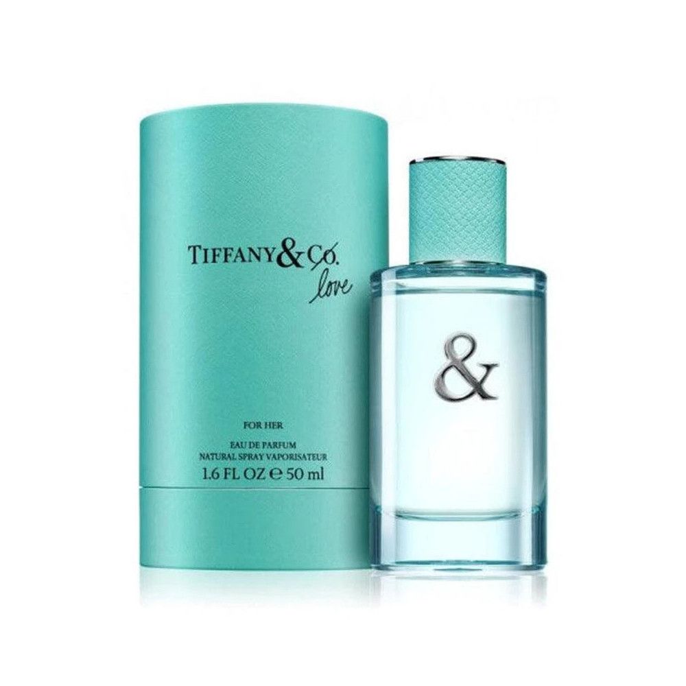 Confezione e flacone turchese. Flacone con simbolo &. Scritta: Tiffany & Co. Love, For Her, Eau de Parfum.