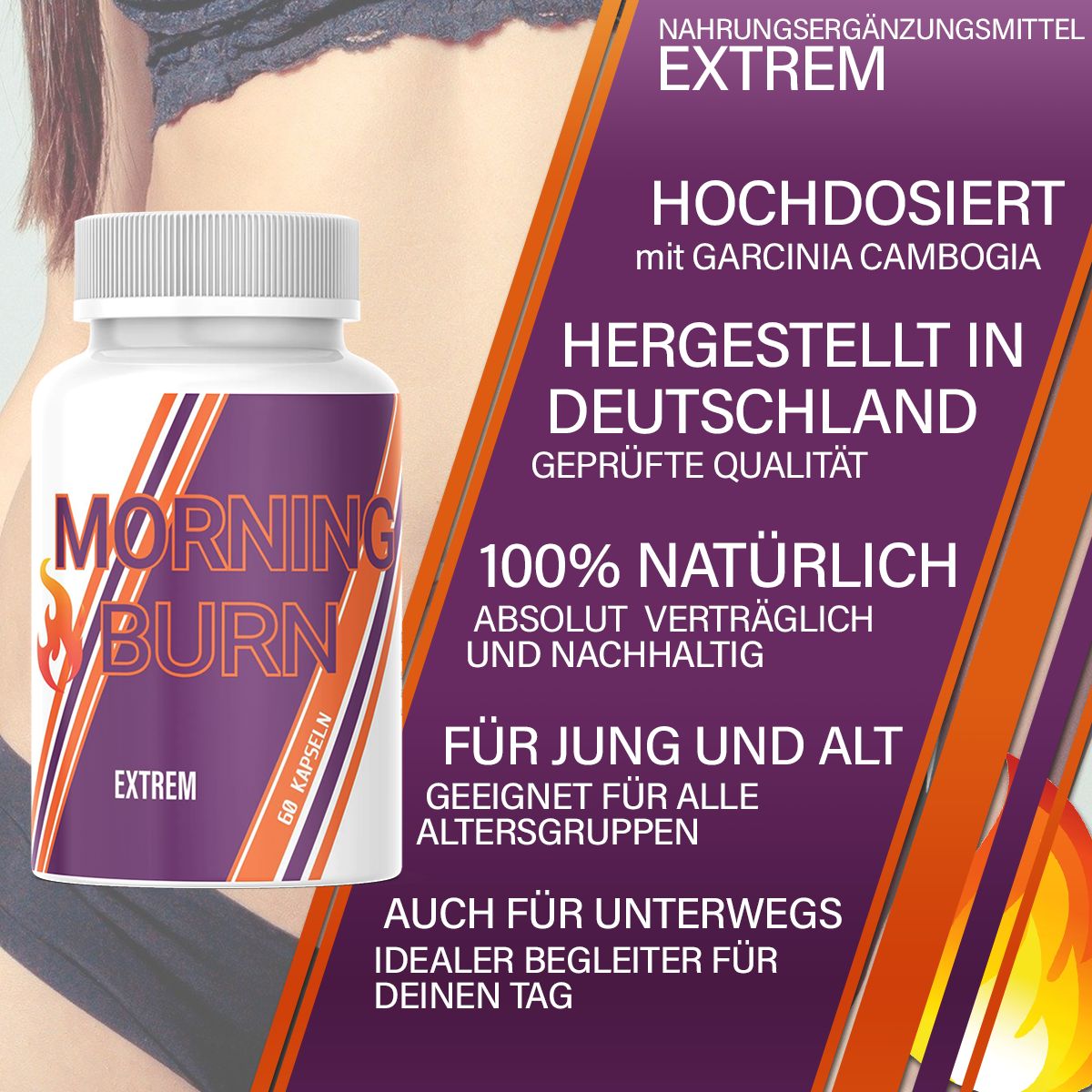 Flacone bianco con etichetta viola e arancione. Testo: MORNING BURN, EXTREM. Testo aggiuntivo su qualità e ingredienti.