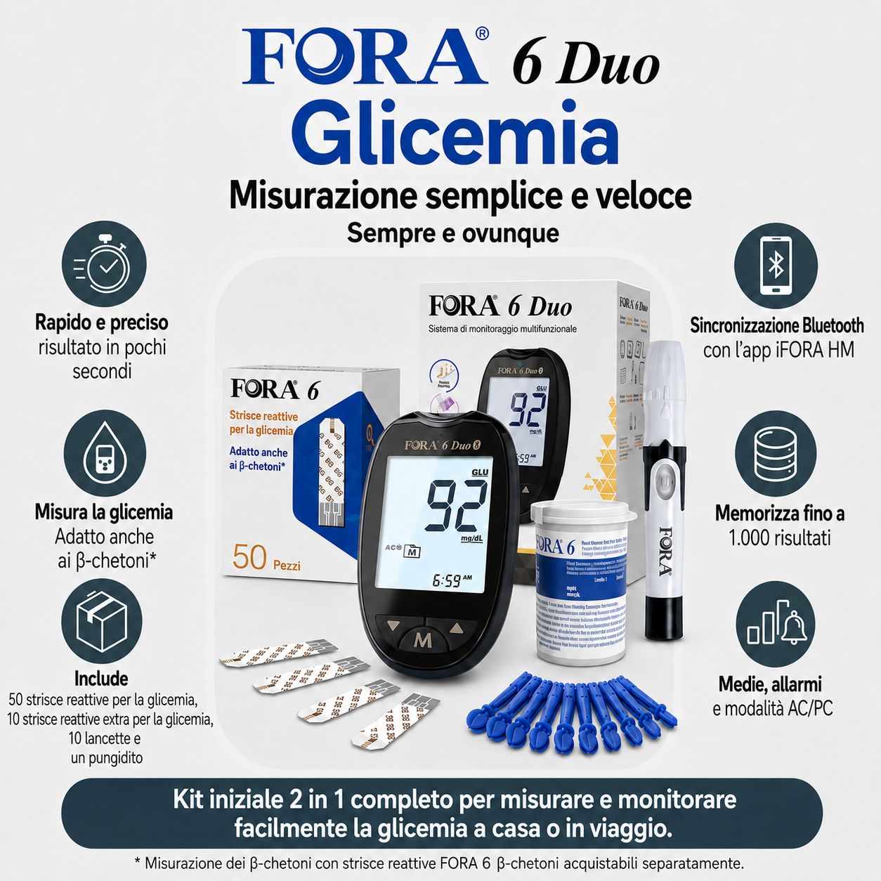 Misuratore di glicemia FORA 6 Duo con strisce reattive, lancette e pungidito.