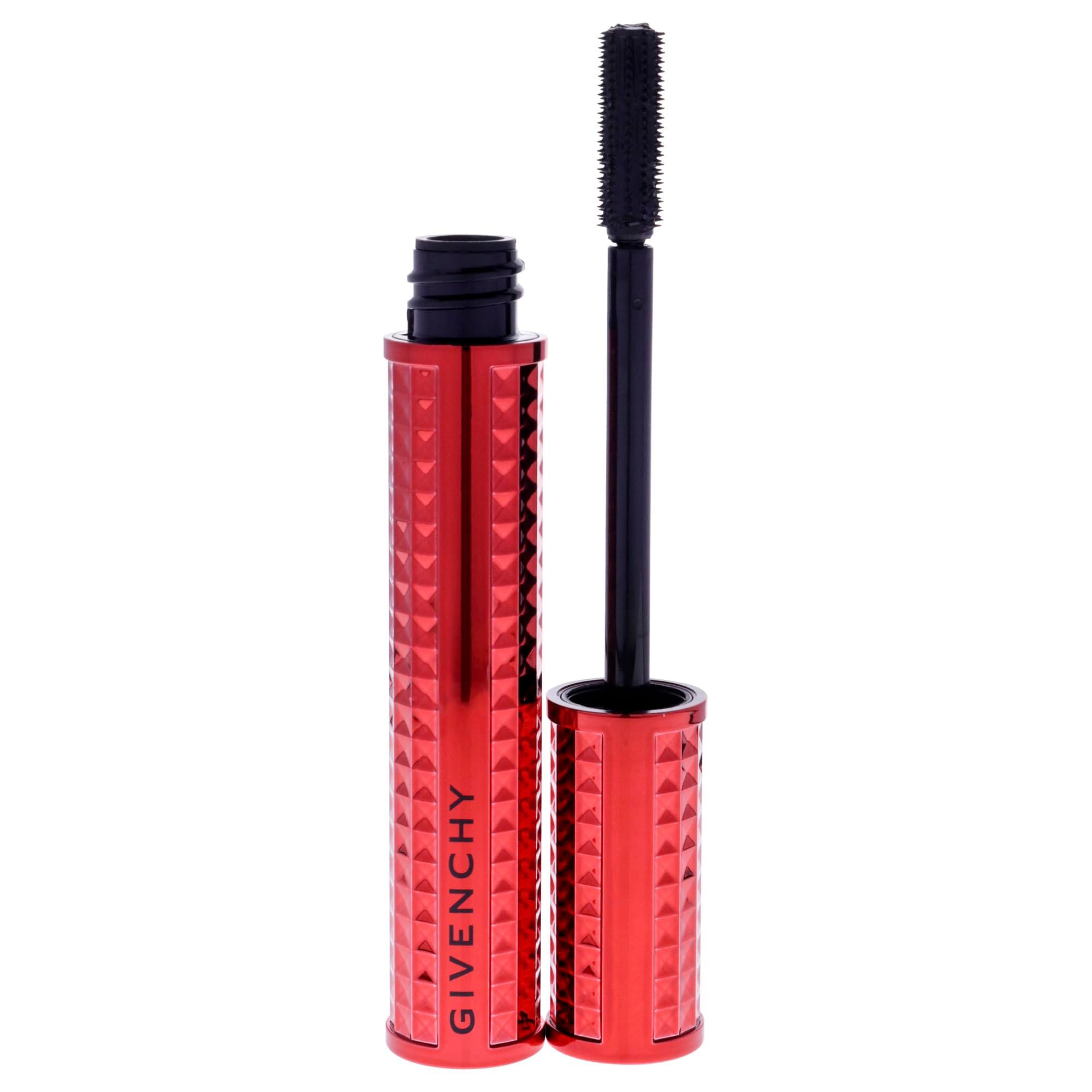 Tubo mascara rosso con spazzola nera. Scritta Givenchy. Tubo aperto con spazzola.