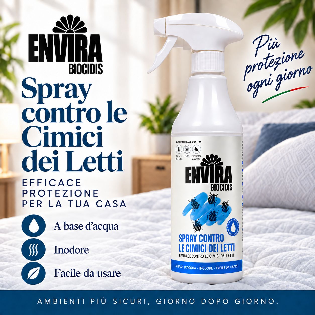 Flacone spray 'ENVIRA BIOCIDIS' con icone di cimici dei letti. Testo: 'Spray contro le Cimici dei Letti'.