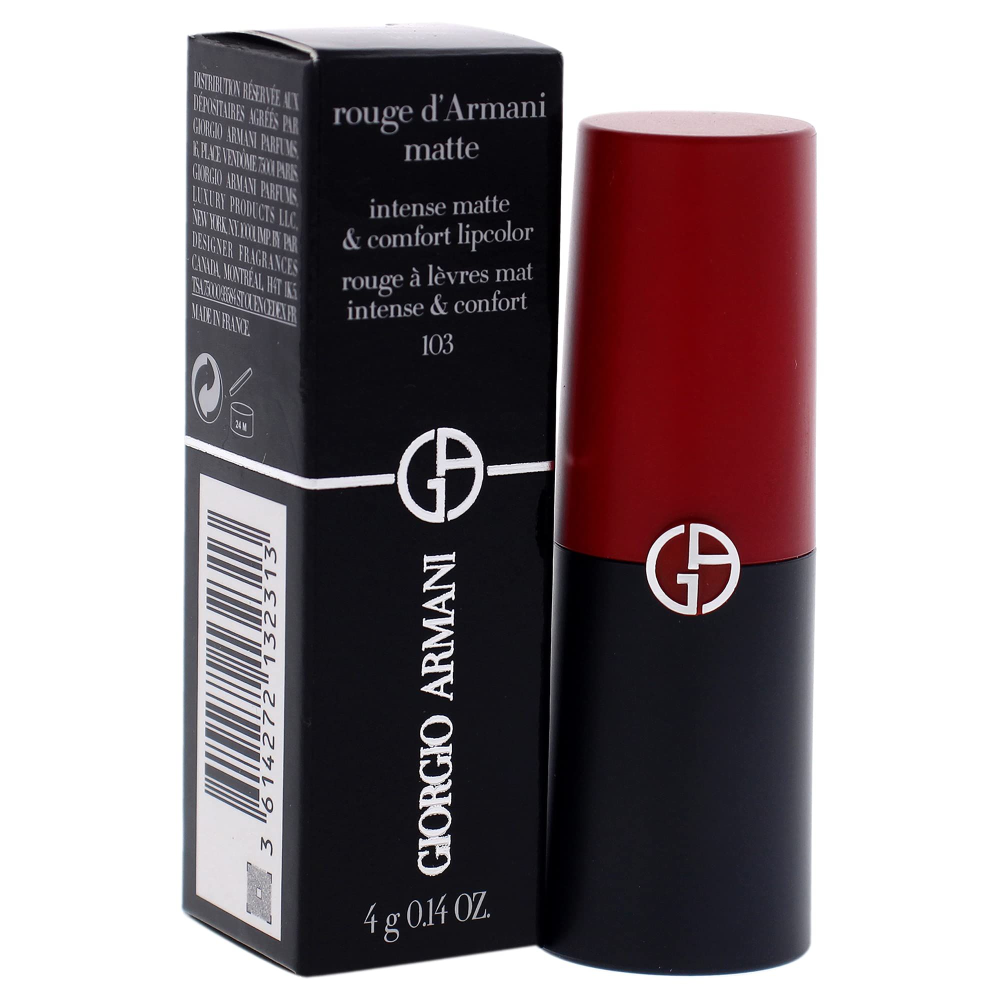 Rossetto e confezione. Confezione nera, rossetto rosso. Scritta: Giorgio Armani, Rouge d'Armani matte downtown 103.